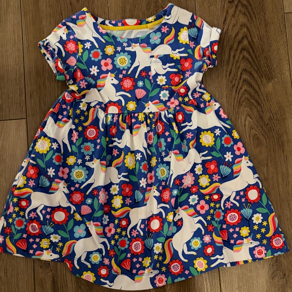 Mini Boden Blue Unicorn and Floral Kids Dress